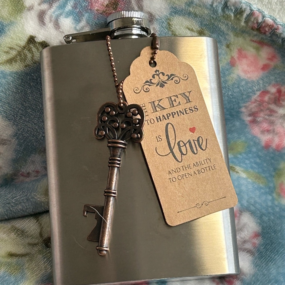 Silver Flask with Key Bottle Opener Charm